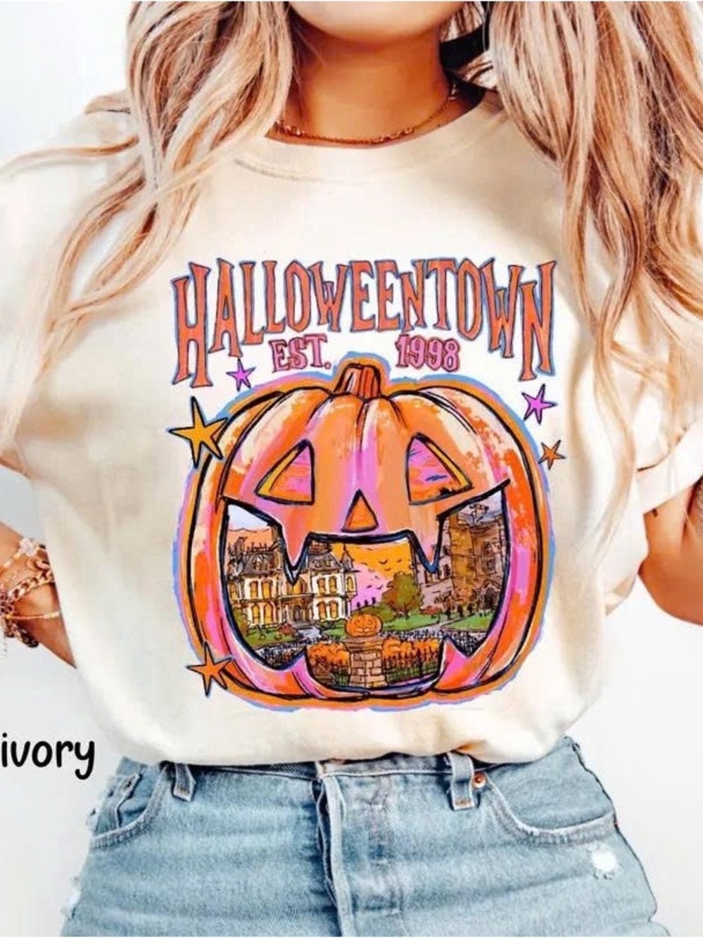 Halloween Short-Sleeve Tee with Pink & Orange Pumpkin Graphic
